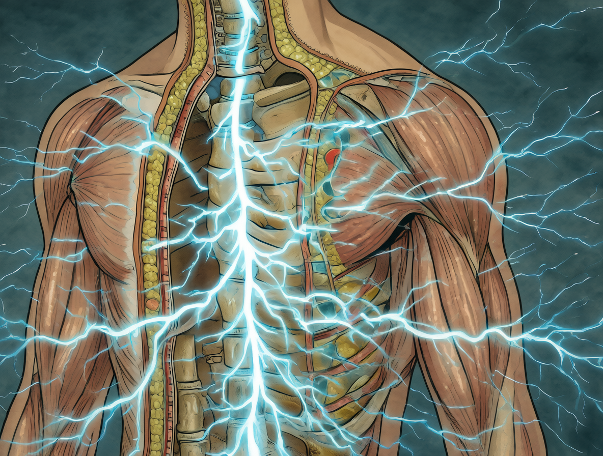Ilustración esquemática de un corte anatómico con corriente eléctrica pasando a través del torso, representando el análisis BIA.