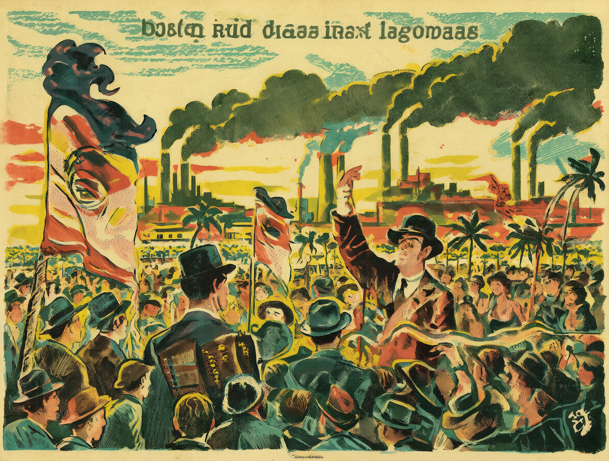 Retrato histórico de Juan Domingo Perón con símbolos de industrialización y derechos laborales.