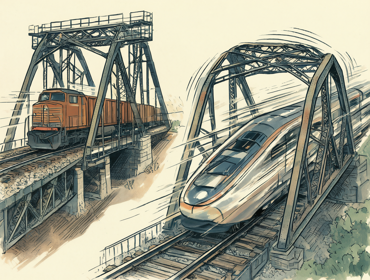 Diagrama comparativo mostrando un tren de carga pesado sobre un puente de acero junto a un tren de pasajeros rápido generando vibraciones.