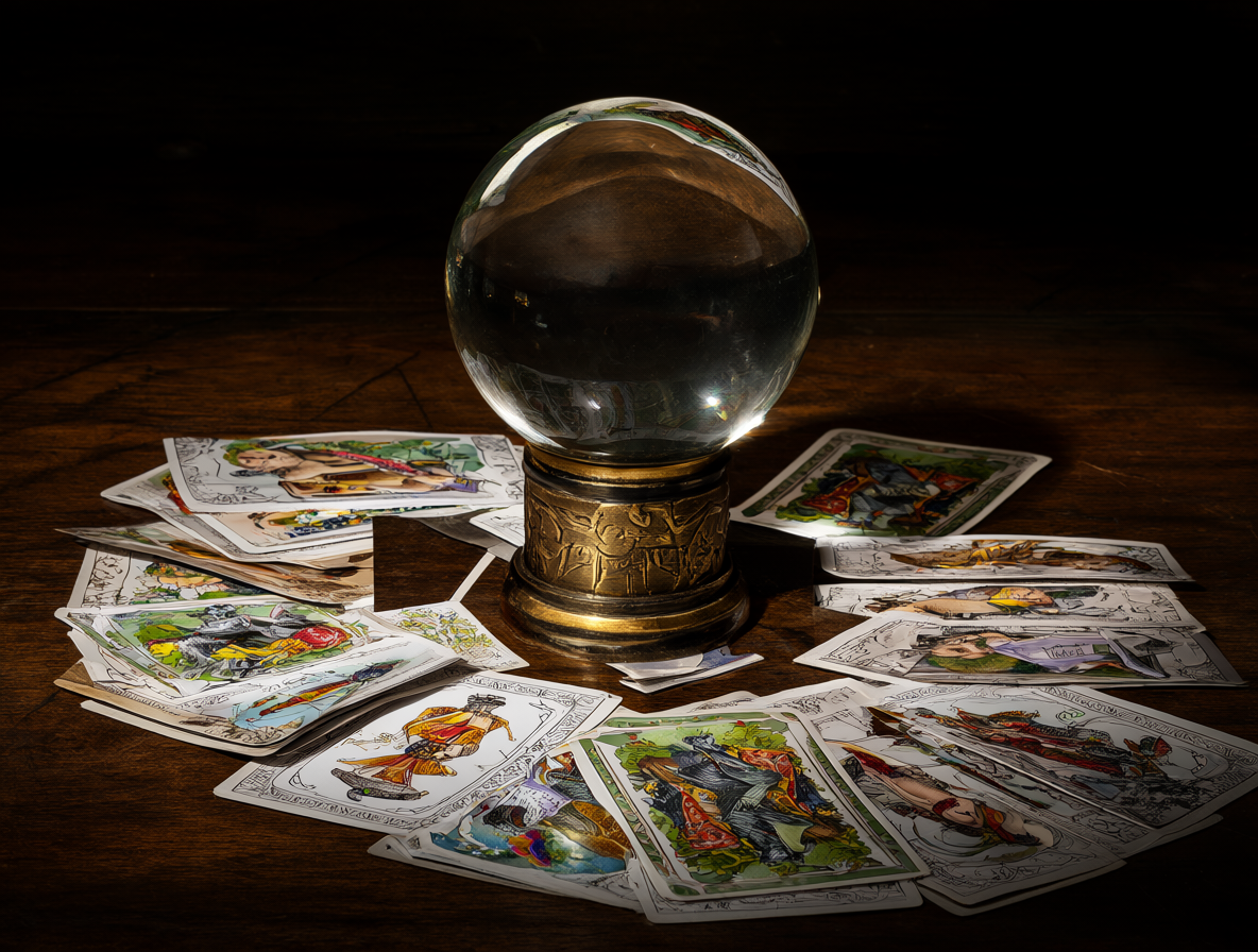 Varias cartas del tarot dispersas en una mesa junto a una bola de cristal.