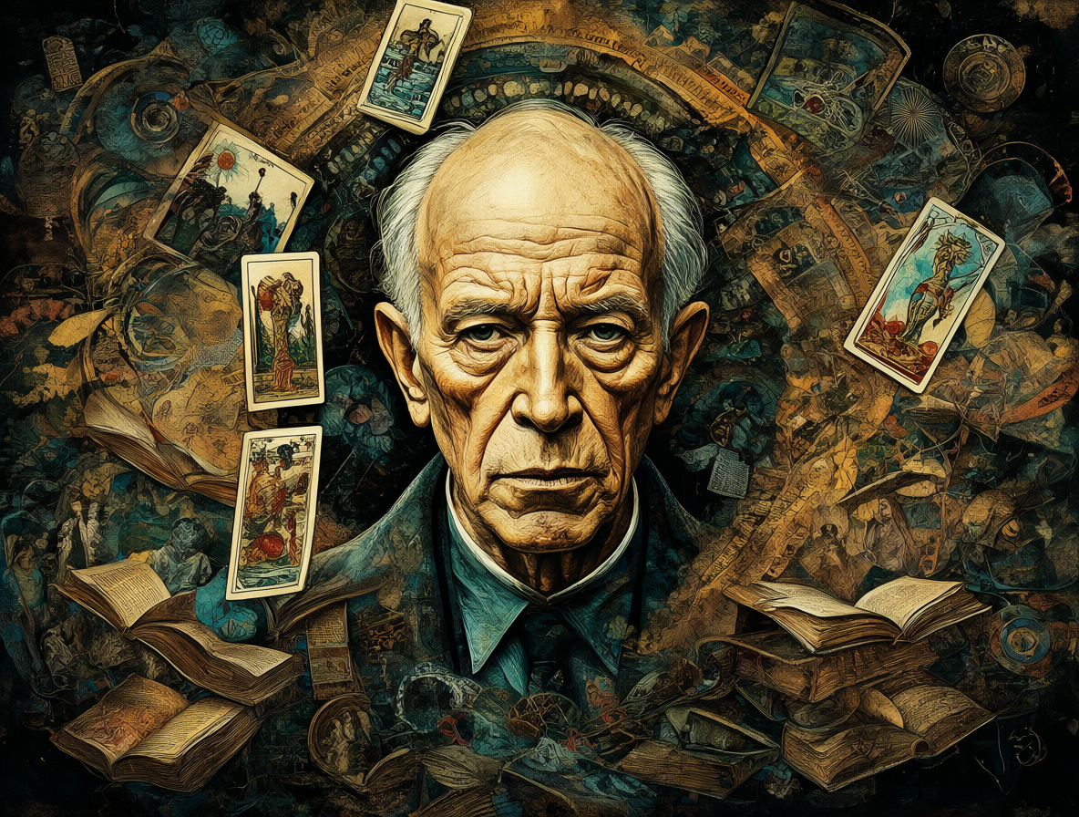 Retrato de Carl Jung con símbolos del tarot y el I Ching.