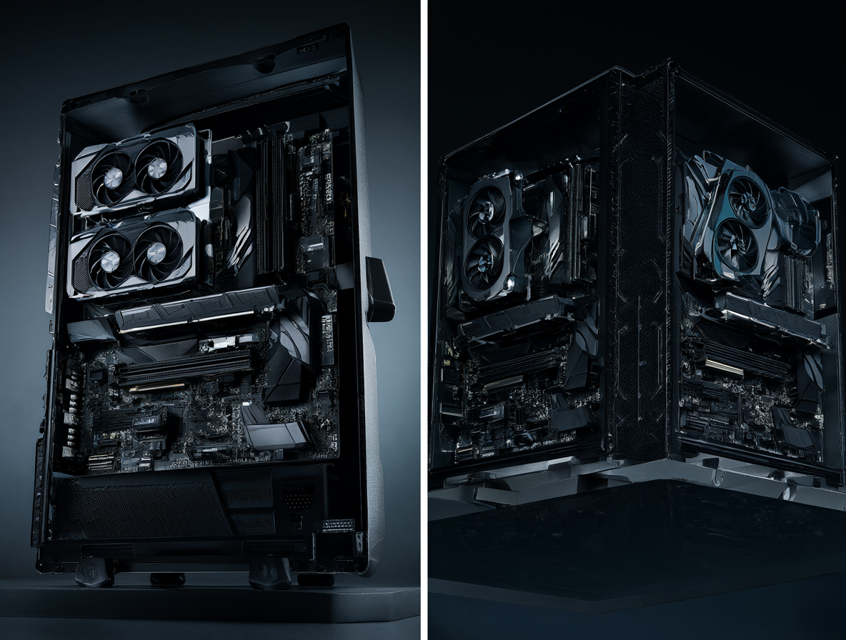 Imagen comparativa mostrando las diferencias físicas entre un PC con dos tarjetas gráficas y dos PCs separados.