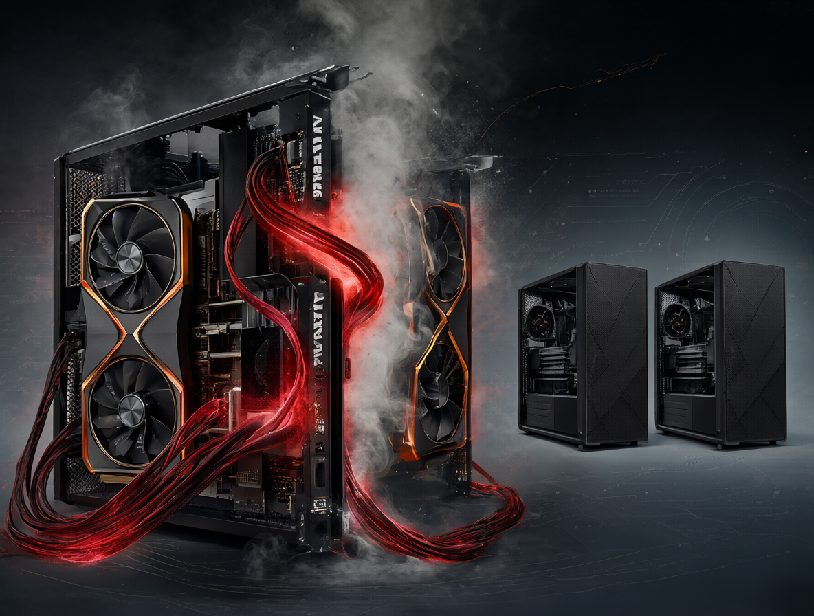 Gráfico técnico comparativo de la demanda energética y térmica entre un solo PC potente y dos PCs más pequeños.