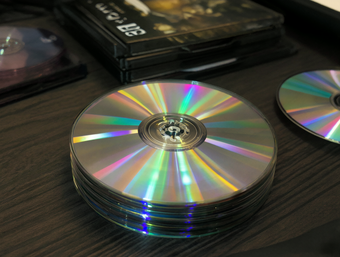 Una pila ordenada de discos Blu-ray de alta calidad sobre un escritorio de madera oscura, junto con estuches tipo jewel case.