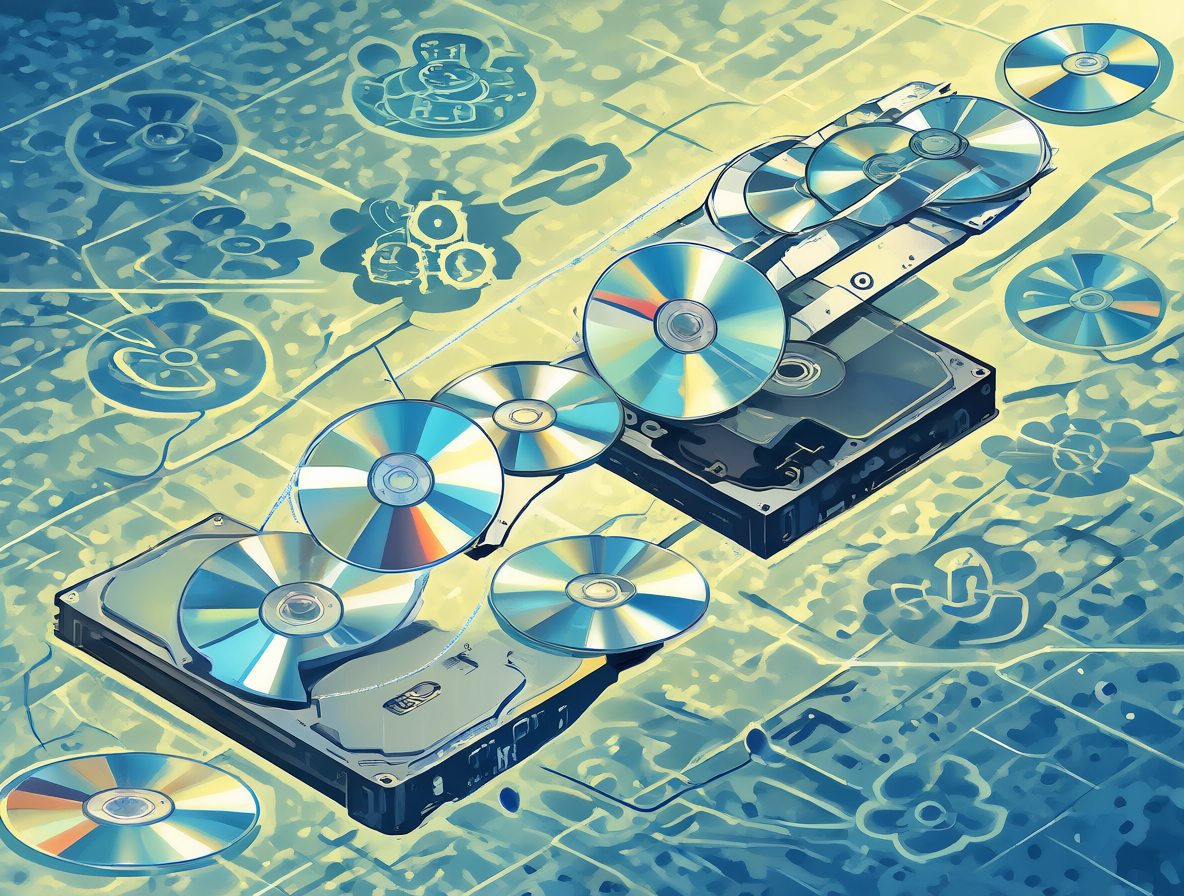 Una representación visual de la transferencia de datos entre discos ópticos, discos duros y almacenamiento en la nube.