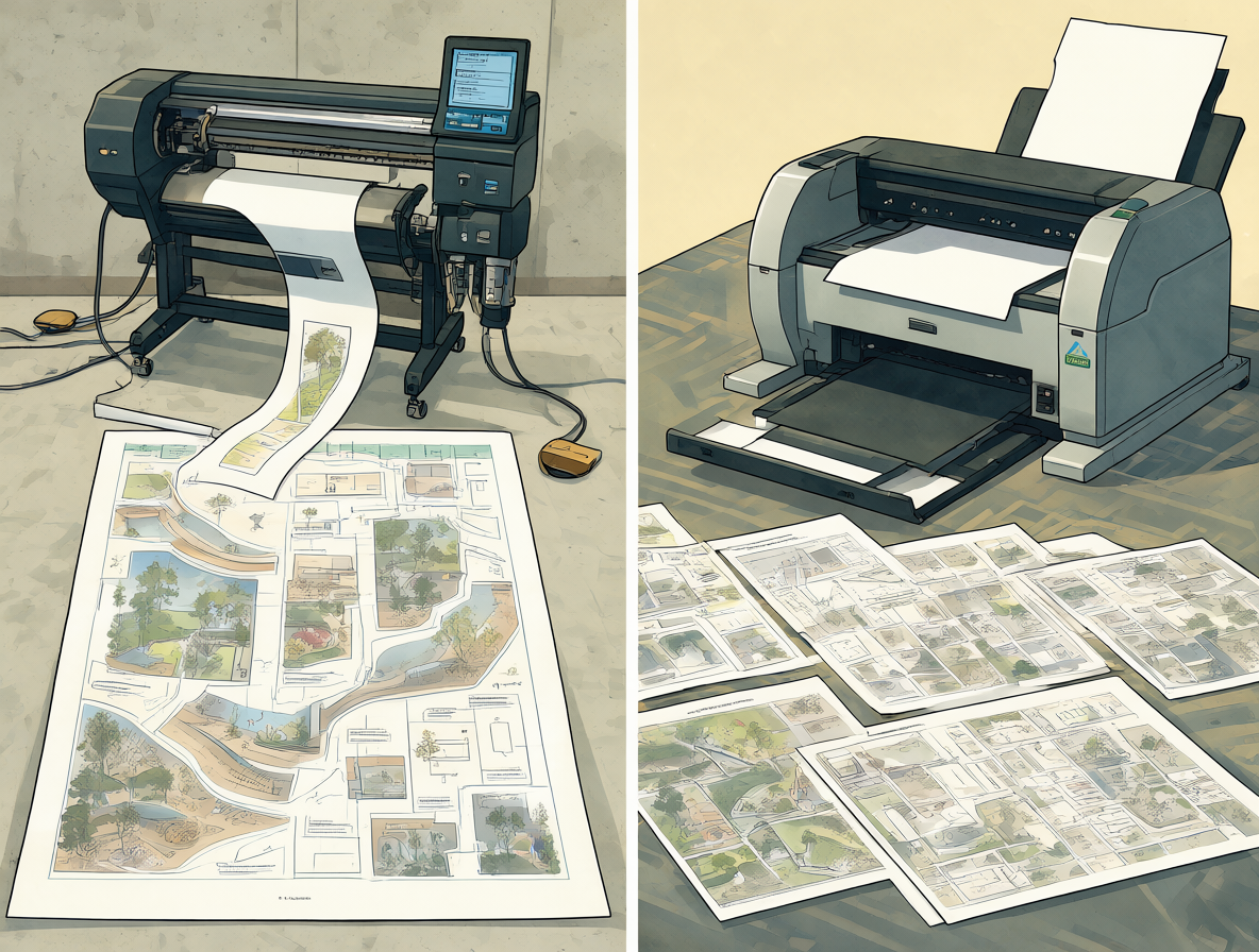 Digital illustration of two different methods to print an Excel sheet as a giant poster using both industrial plotters and standard home printers.