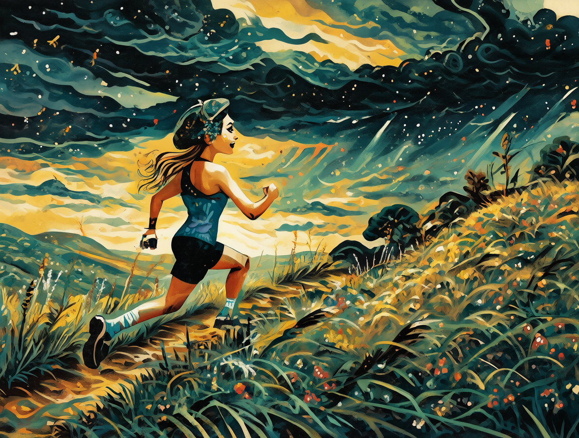 Figura femenina corriendo por un camino empinado bajo un cielo tormentoso, simbolizando el esfuerzo de la canción.