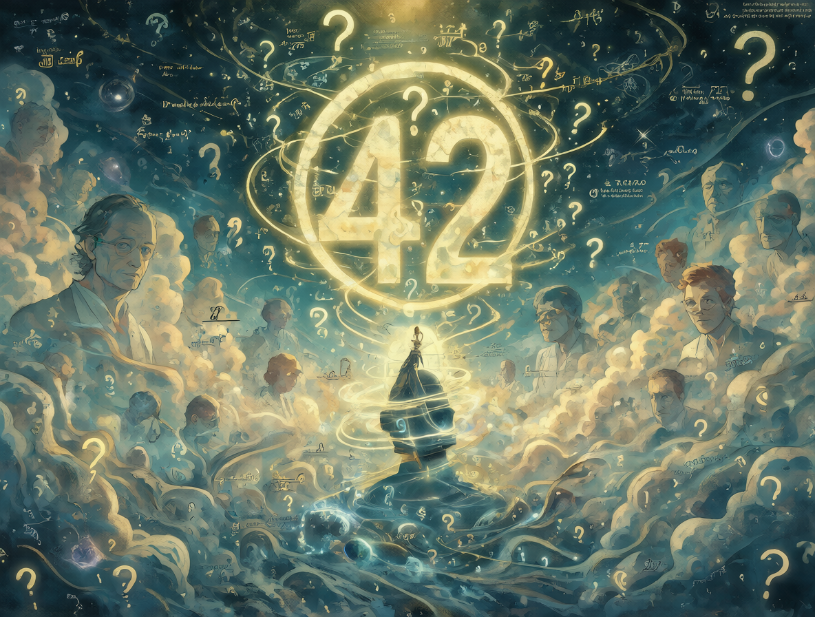 Una ilustración surrealista mostrando una entidad artificial emergiendo de fórmulas matemáticas, con siluetas de autores y el número 42 flotando como símbolo central.