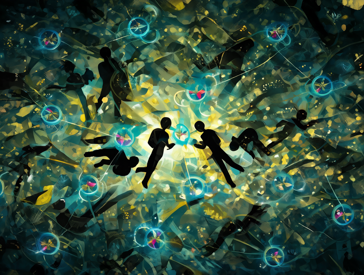 Siluetas humanas interactuando con nodos de IA brillantes