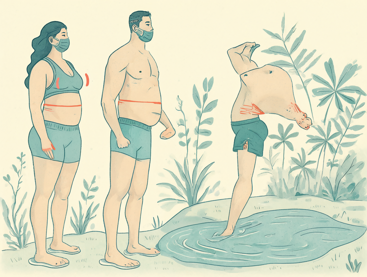 Retrato de un hombre con sus estadísticas físicas flotando alrededor de su cuerpo.
