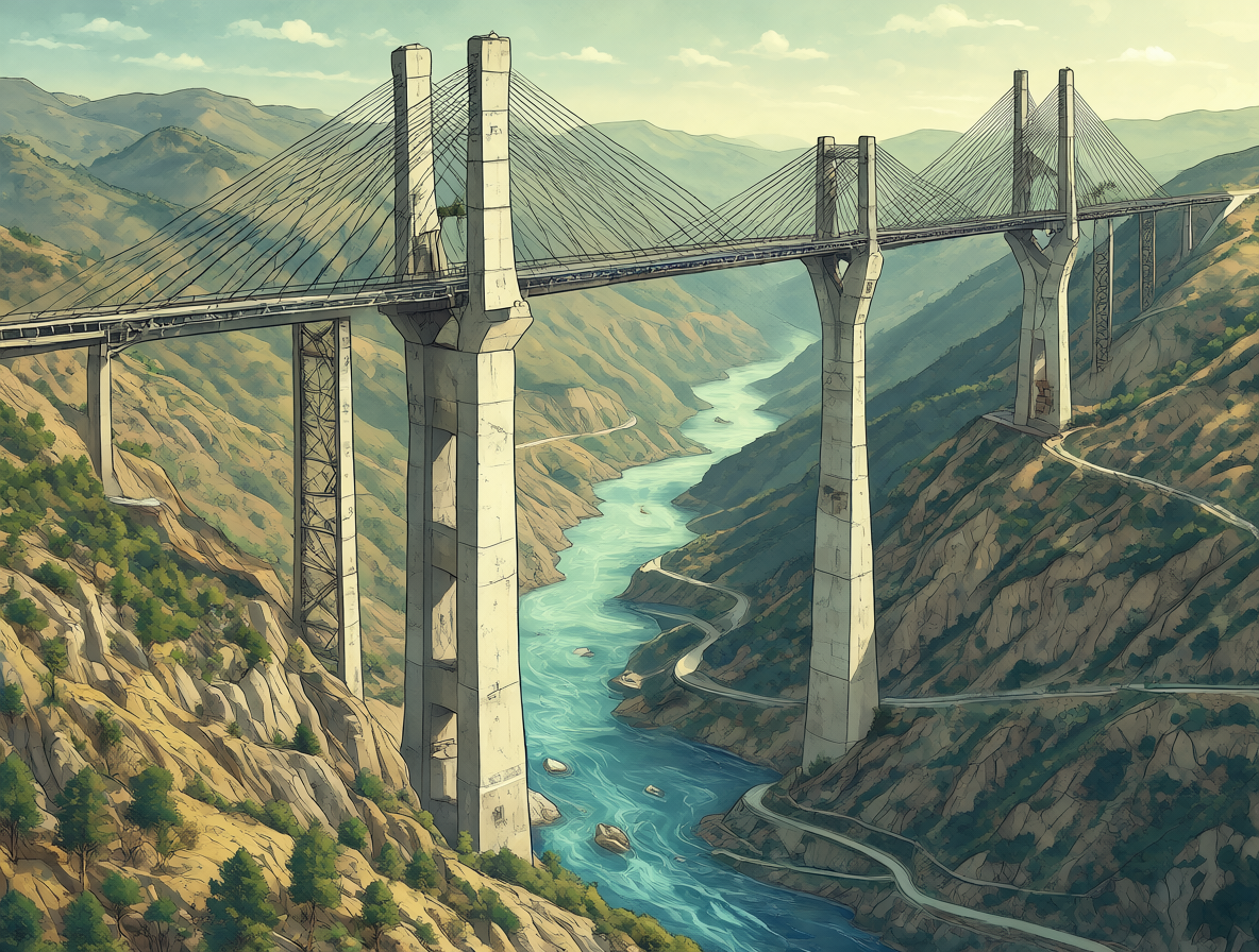 Vista de un puente colgante con tres torres interconectadas sobre un río