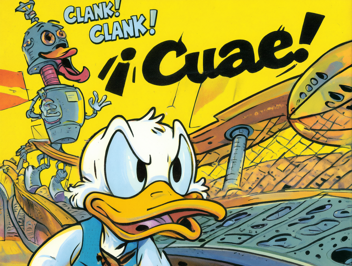 Ilustración detallada de la portada del cómic de Scrooge McDuck mostrando al personaje gritando y un robot retro.