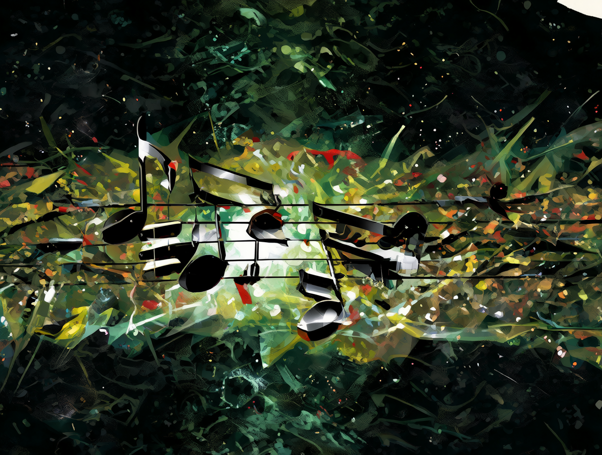 Representación visual abstracta de fragmentos musicales disolviéndose y cambiando de identidad en un fondo digital oscuro.