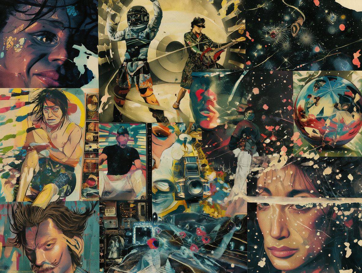 Collage futurista con artistas como Depeche Mode, Yoko Ono y The Orb representando la era experimental de los 90s.
