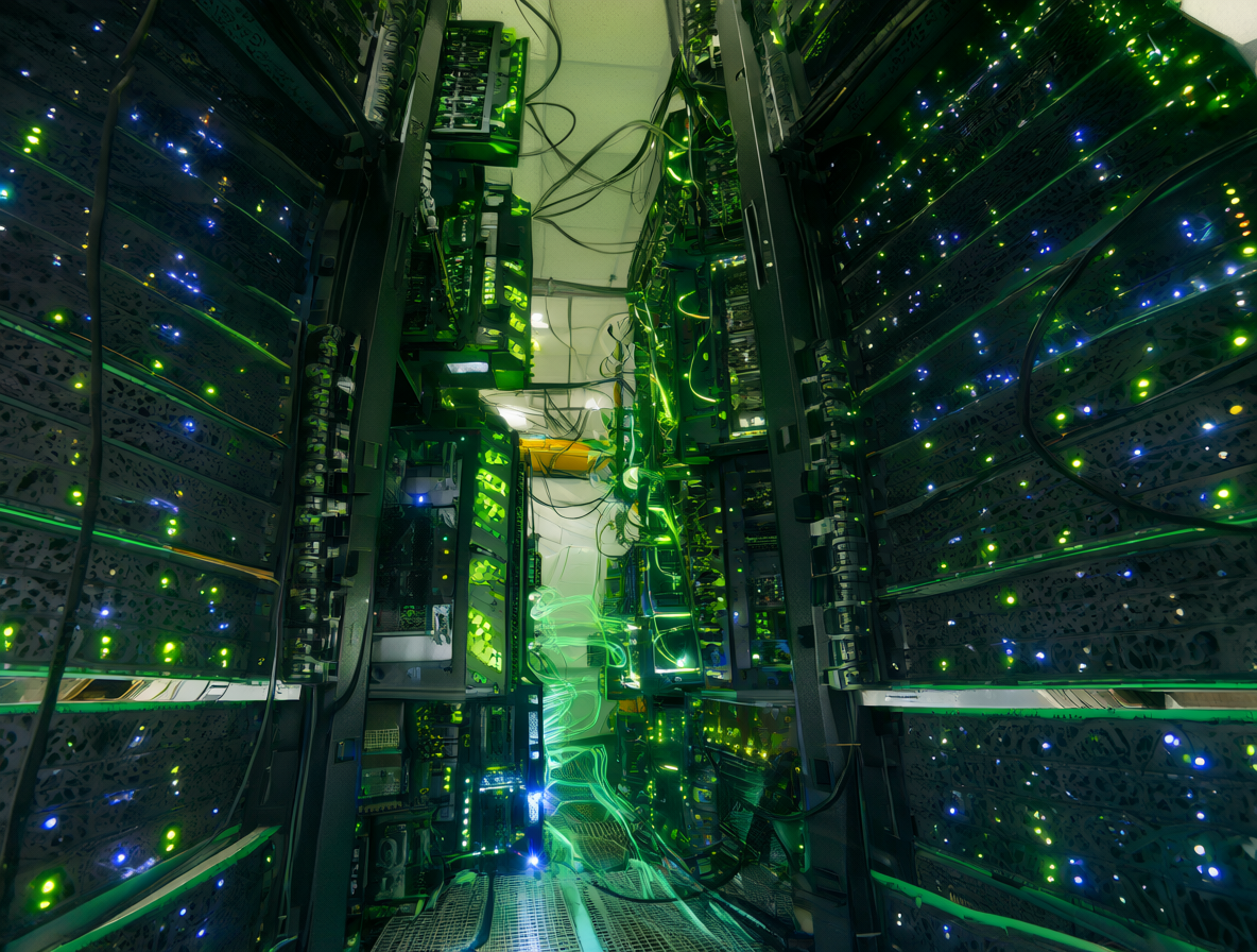 Vista del interior de un centro de datos con servidores de alta gama y luces brillantes