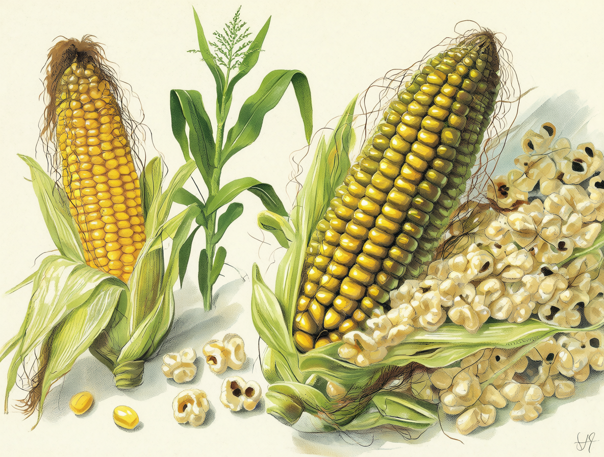 Ilustración botánica mostrando la diferencia de textura entre una mazorca de popcorn y una de choclo dulce.