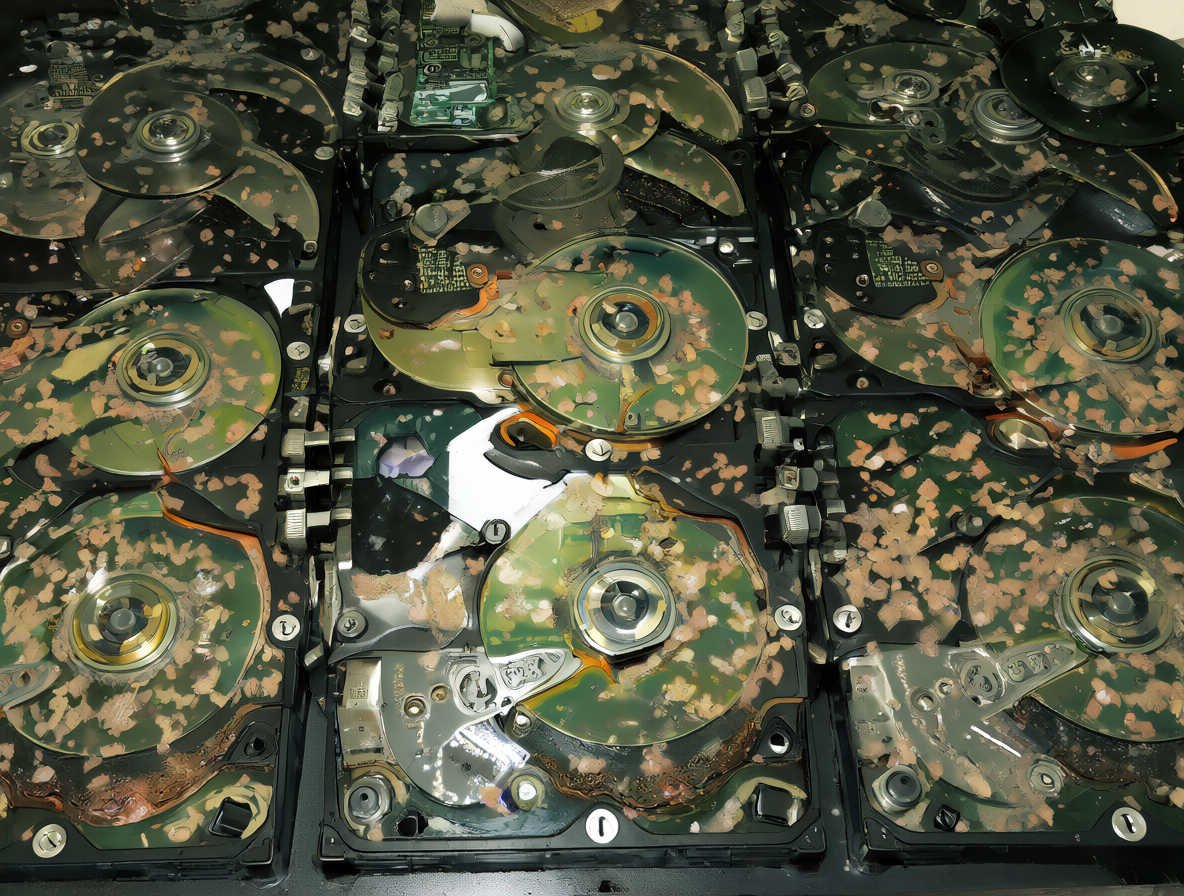 Discos duros dentro de una matriz mostrando datos dañados y propagación de errores.