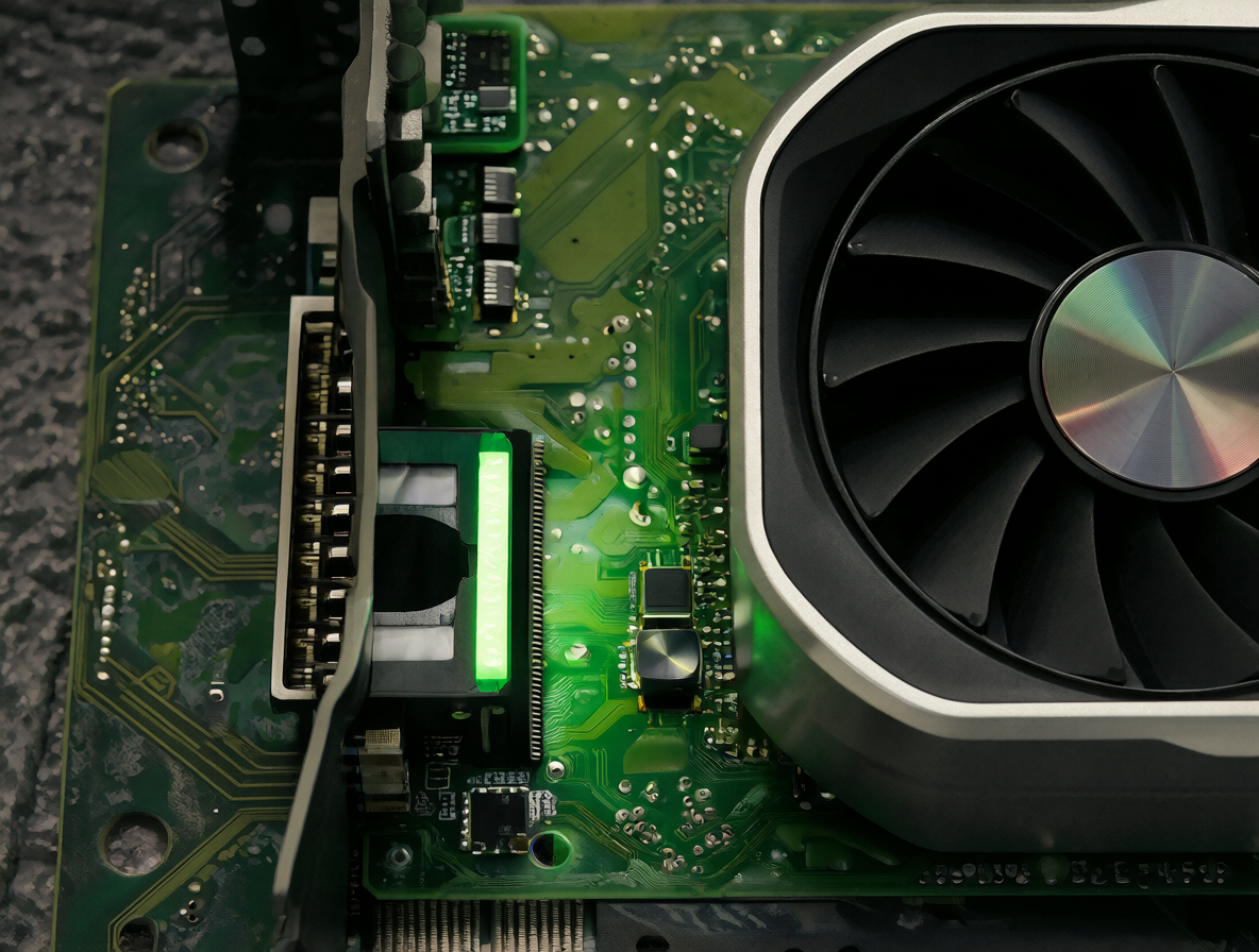 Una vista detallada de una tarjeta gráfica NVIDIA GeForce RTX 3060 con luces indicadoras encendidas, preparada para inferencia de IA.