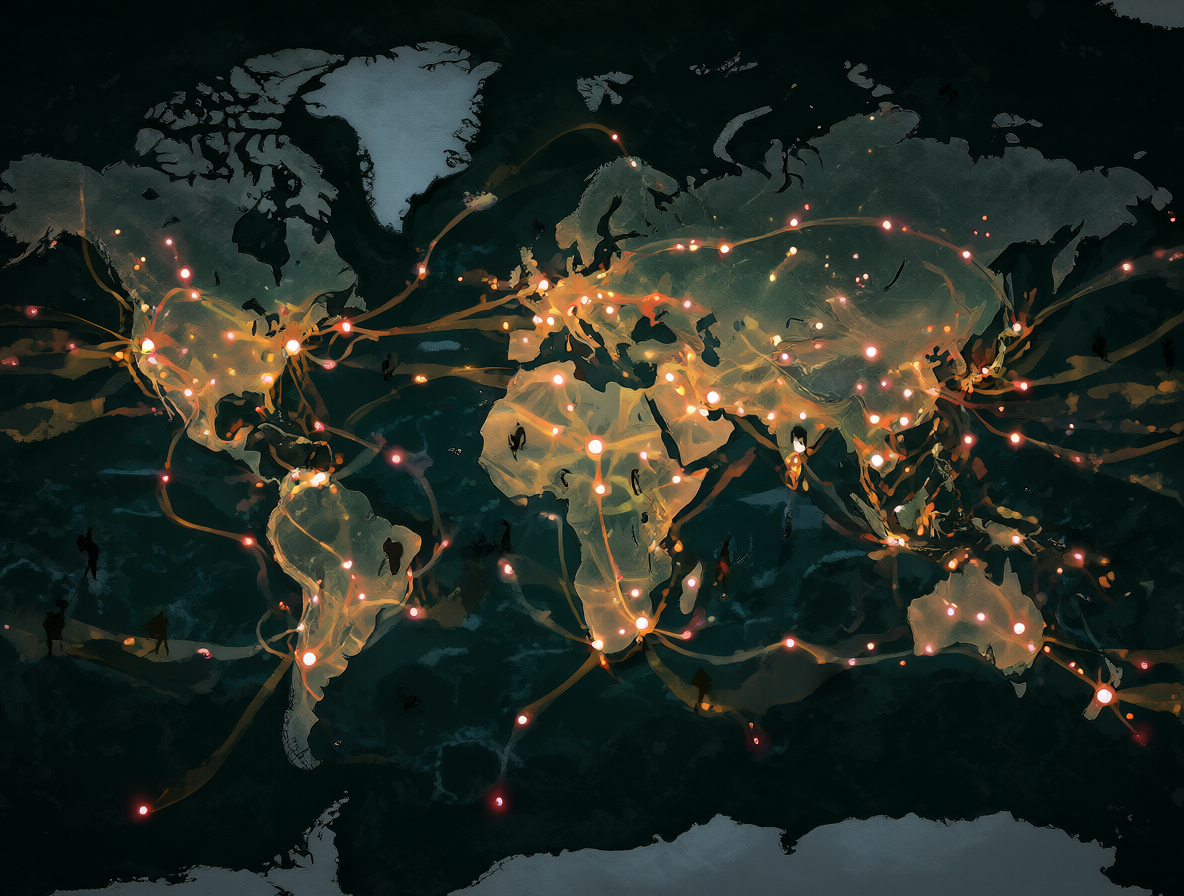 Mapa del mundo mostrando la propagación silenciosa de virus a través de viajeros antes de que aparezcan los síntomas.
