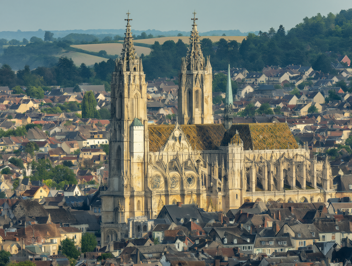 Vista panorámica de una gran catedral medieval dominando un pequeño pueblo europeo del siglo XII, mostrando el contraste entre la arquitectura monumental y el entorno modesto.