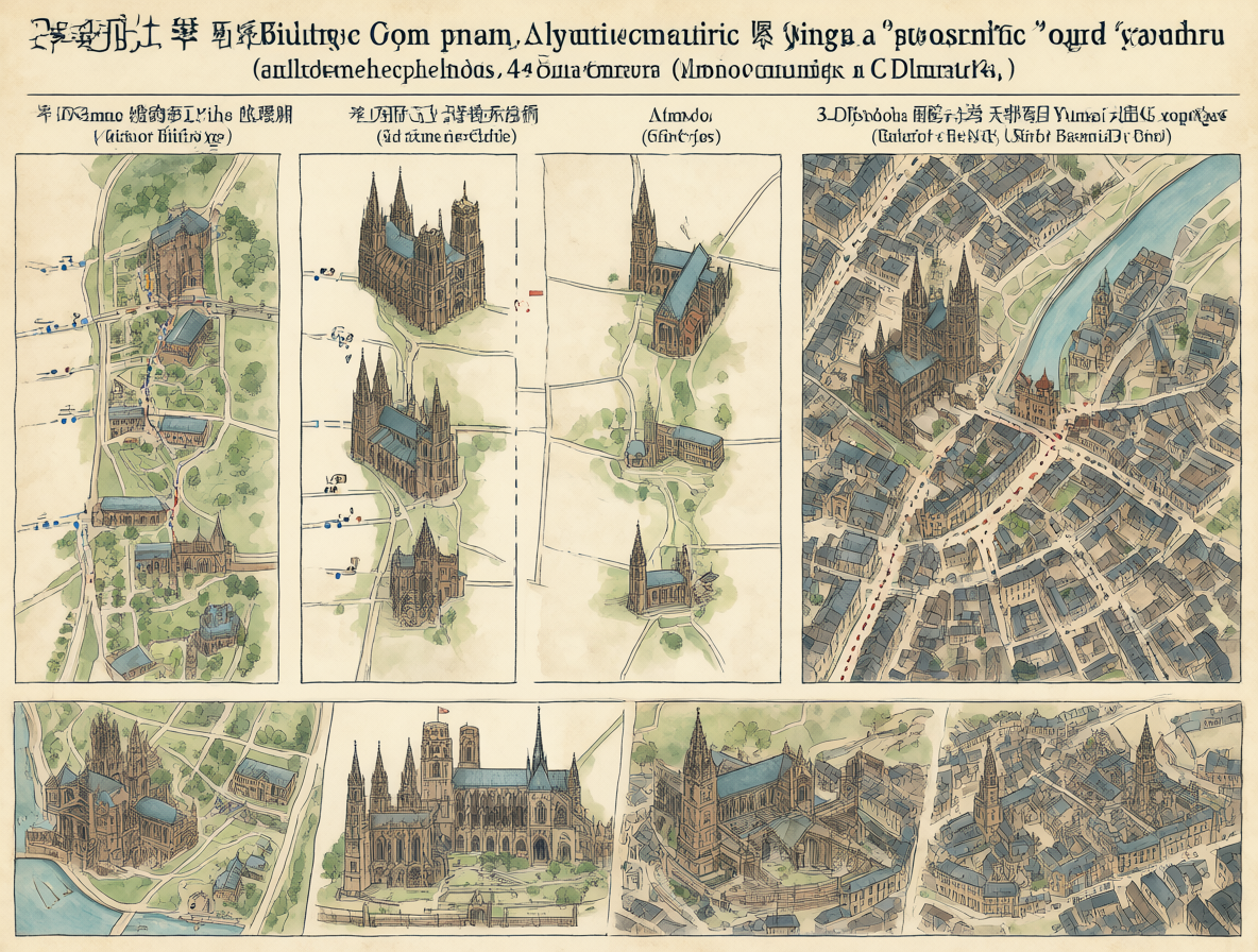 Diagrama que compara el tiempo total de construcción de catedrales famosas con la población estimada de sus ciudades en ese momento, mostrando el contraste entre los siglos de obra y las poblaciones pequeñas.