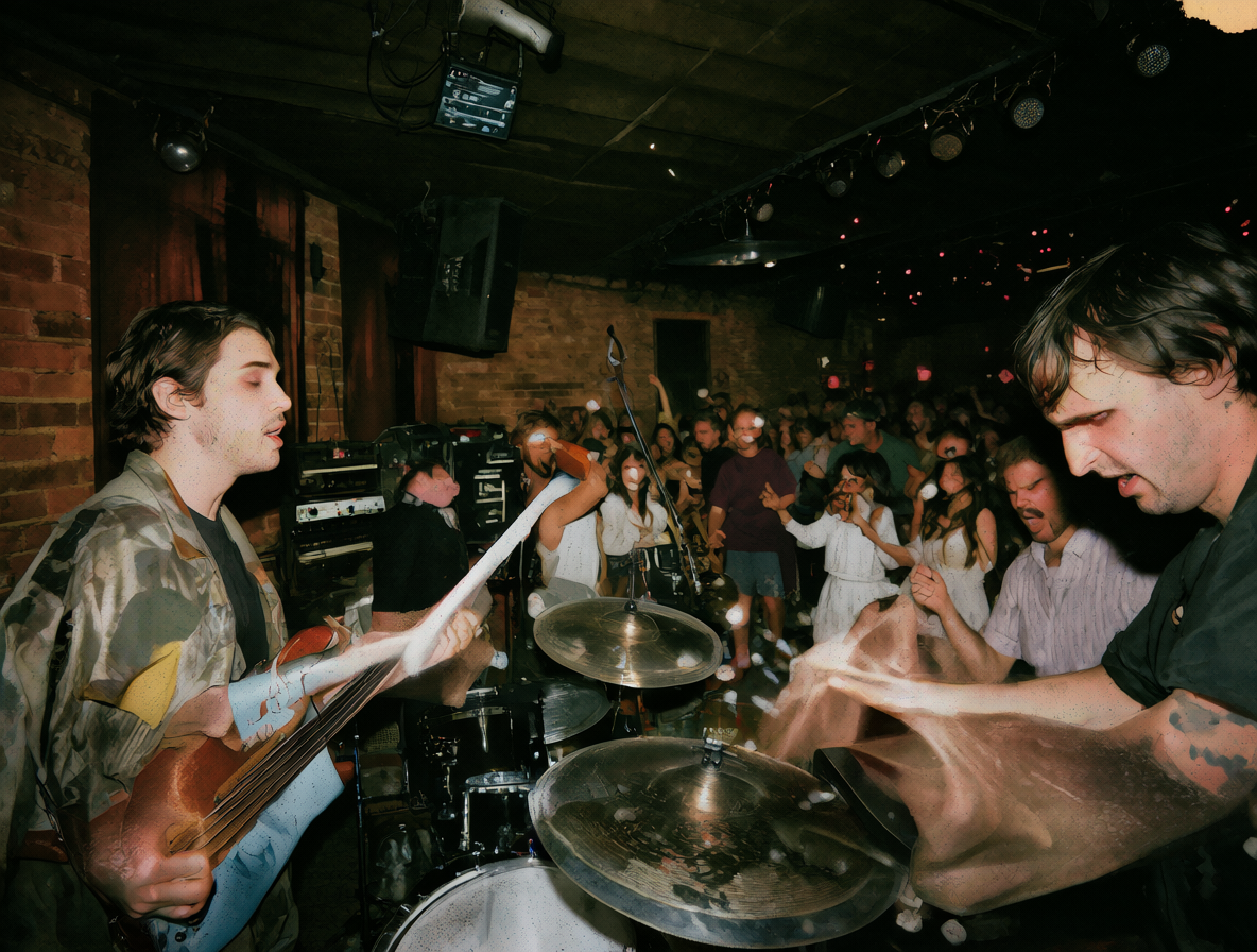 Bajista y baterista girando controles y golpeando instrumentos con fuerza extrema en un local de conciertos.