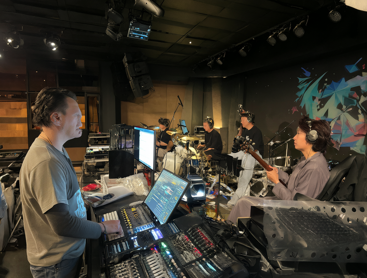 Técnico ajustando la consola mientras los músicos usan monitores in-ear en una sala de conciertos japonesa.