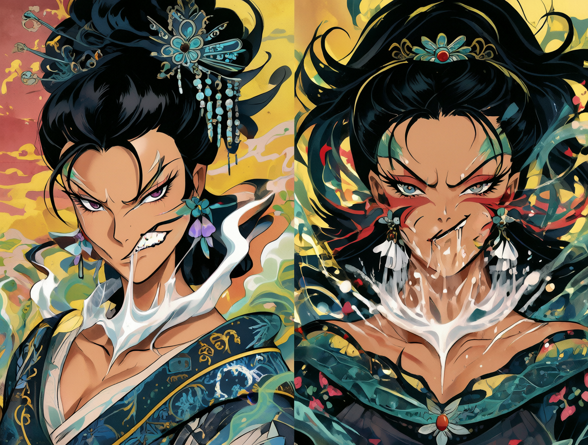Imagen comparativa de Kodachi Kuno y Naga la Serpiente mostrando sus risas estridentes y actitudes narcisistas, representando el arquetipo de la dama aristocrática del anime.