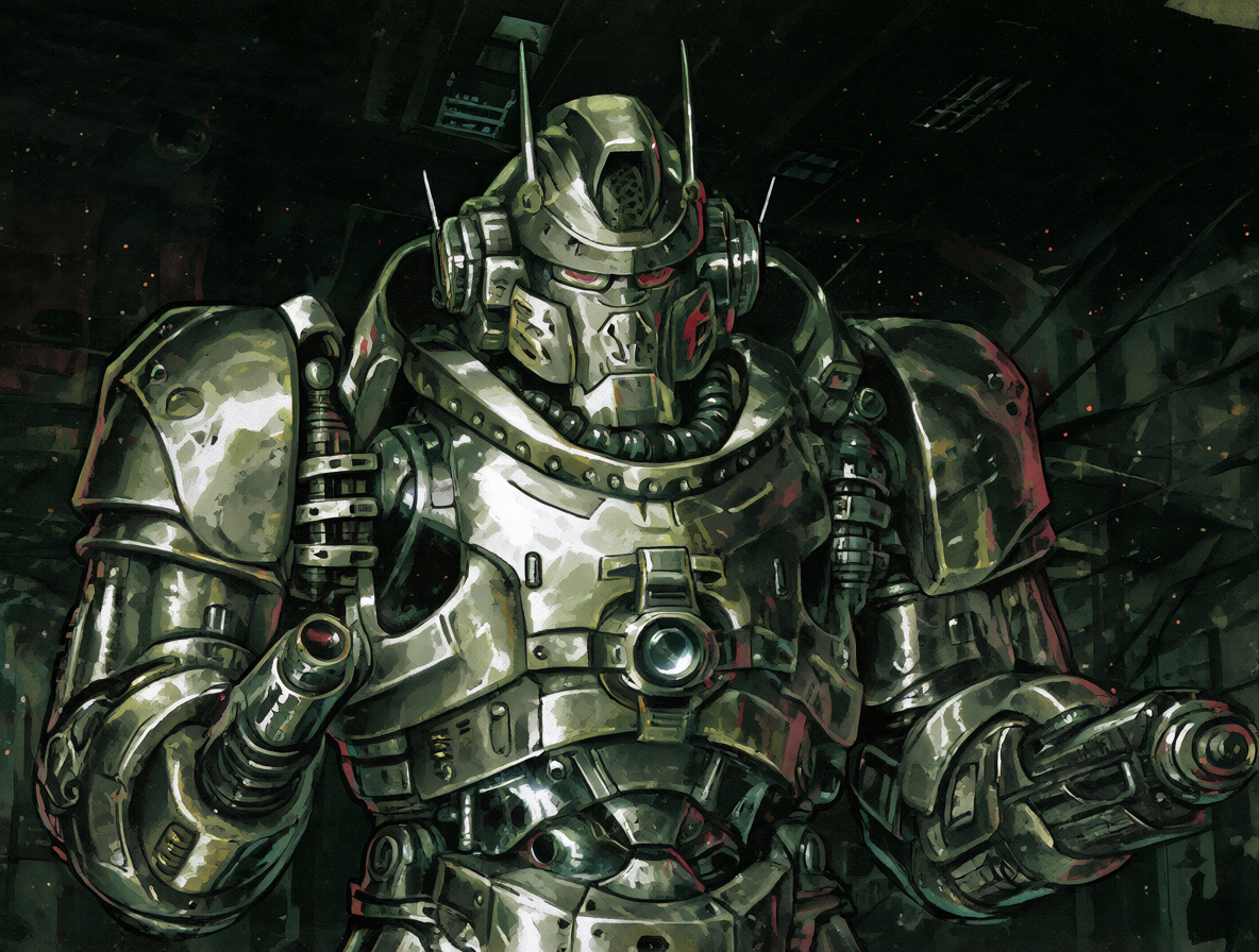 Ilustración detallada del boss de videojuego Mecha-Hitler con armadura robótica y ametralladoras.