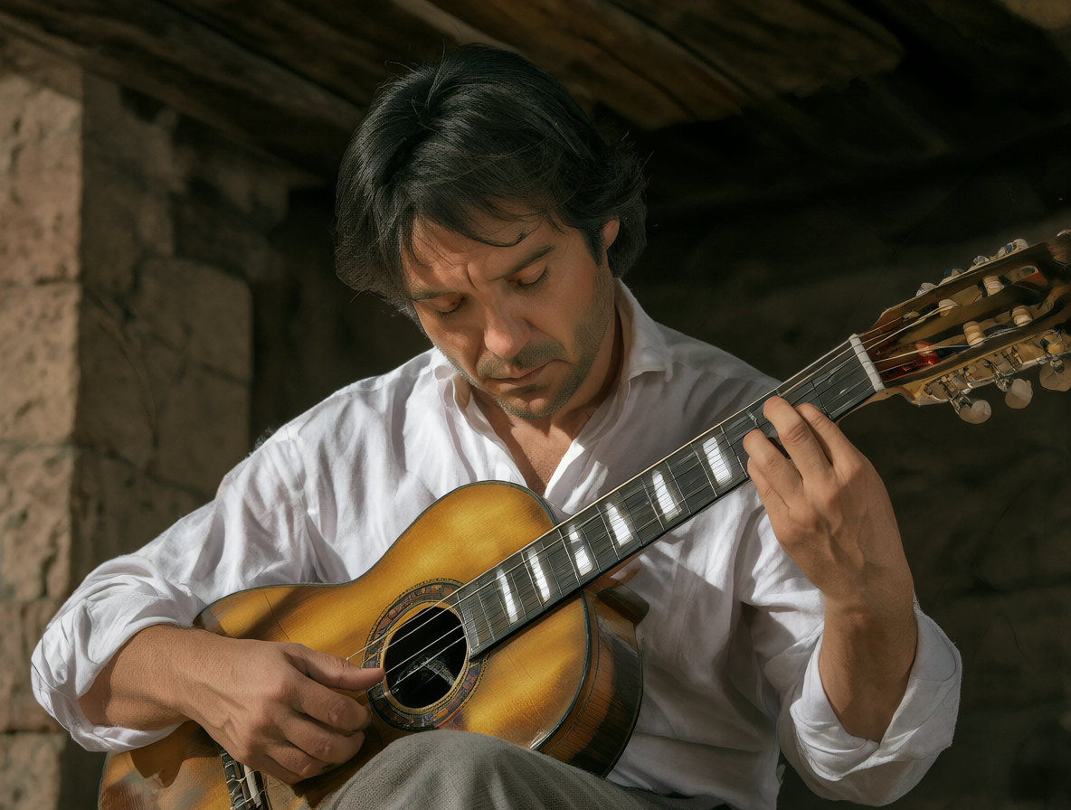 Retrato detallado del compositor Horacio Salinas tocando la guitarra clásica bajo una luz natural suave, con una expresión concentrada y el grano de madera intrincado de su instrumento.
