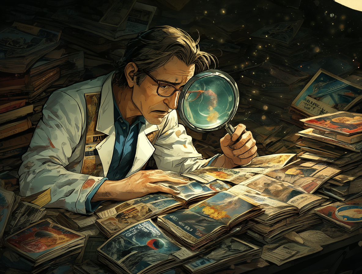 Ilustración detallada de un investigador revisando revistas antiguas y libros de ciencia ficción bajo una lupa.