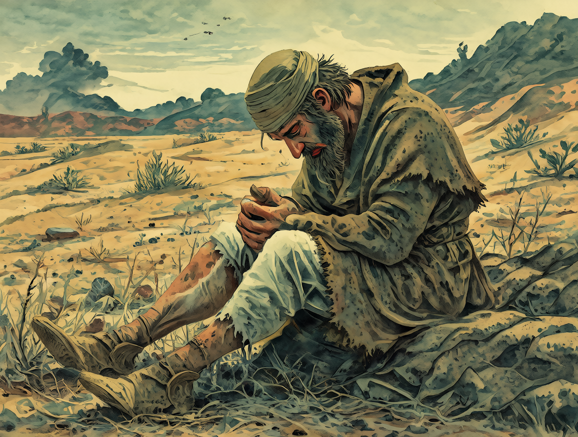 Illustration of Job sitting alone in a desolate landscape, looking distressed and overwhelmed by his suffering.