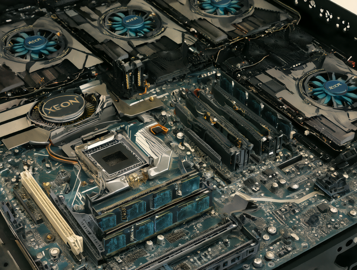 Close-up de una placa base de servidor antigua con chips y ranuras de memoria.