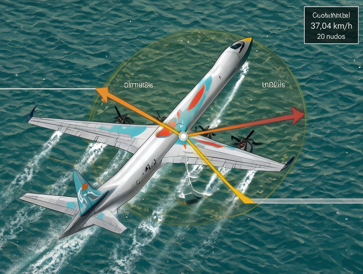 Representación visual de un vehículo marítimo o aéreo alcanzando una velocidad específica calculada en nudos y km/h.