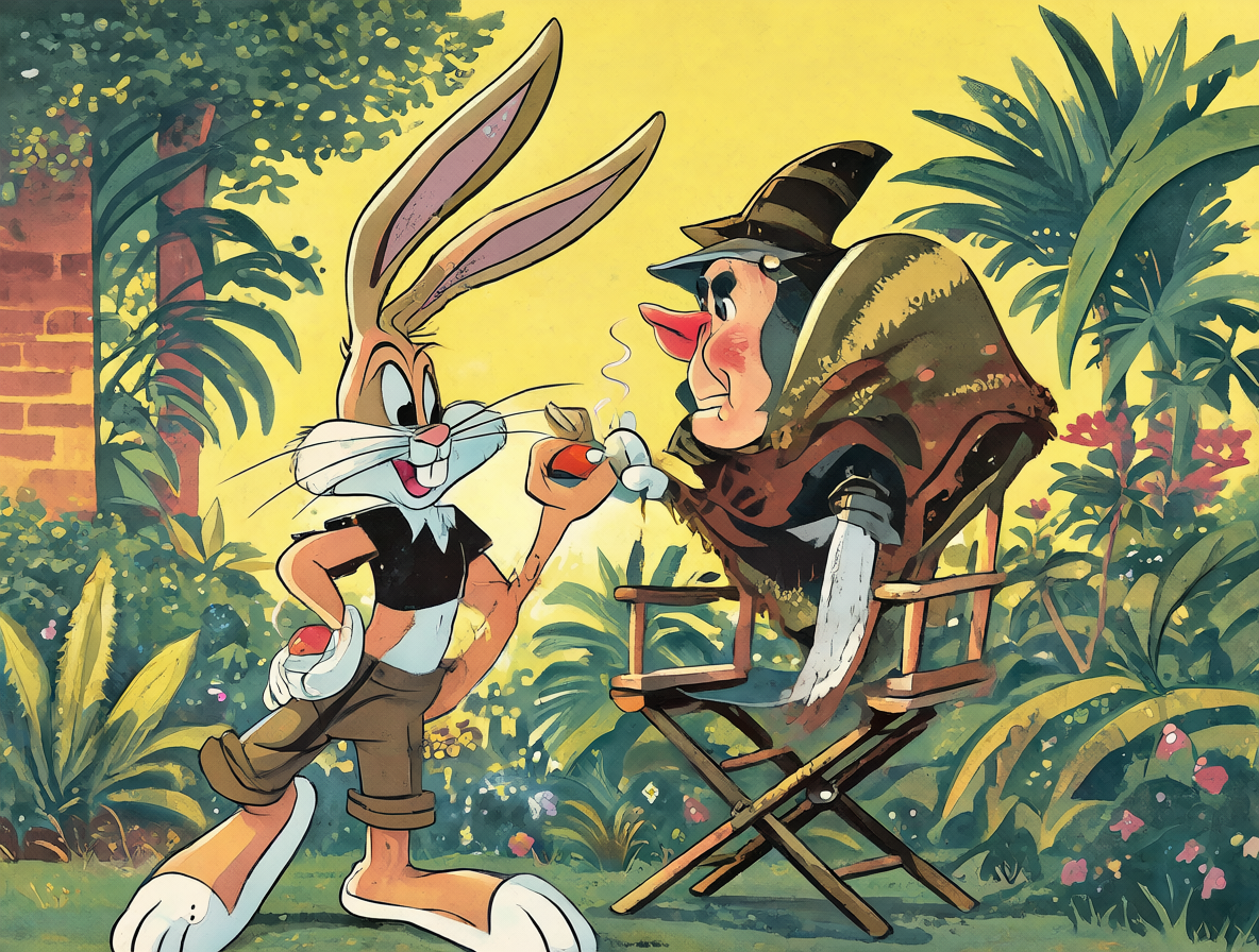 Ilustración de la escena promocional de Who Framed Roger Rabbit con Zemeckis y el conejo.