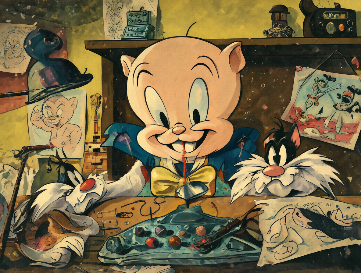 Retrato detallado del director de animación Friz Freleng con bocetos de personajes clásicos al fondo