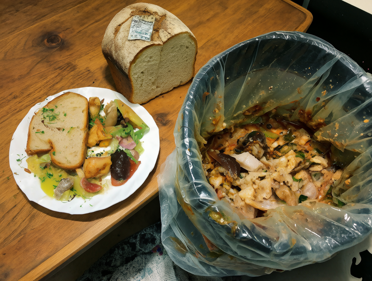Pan fresco seguro al lado de comida desechada en la basura.