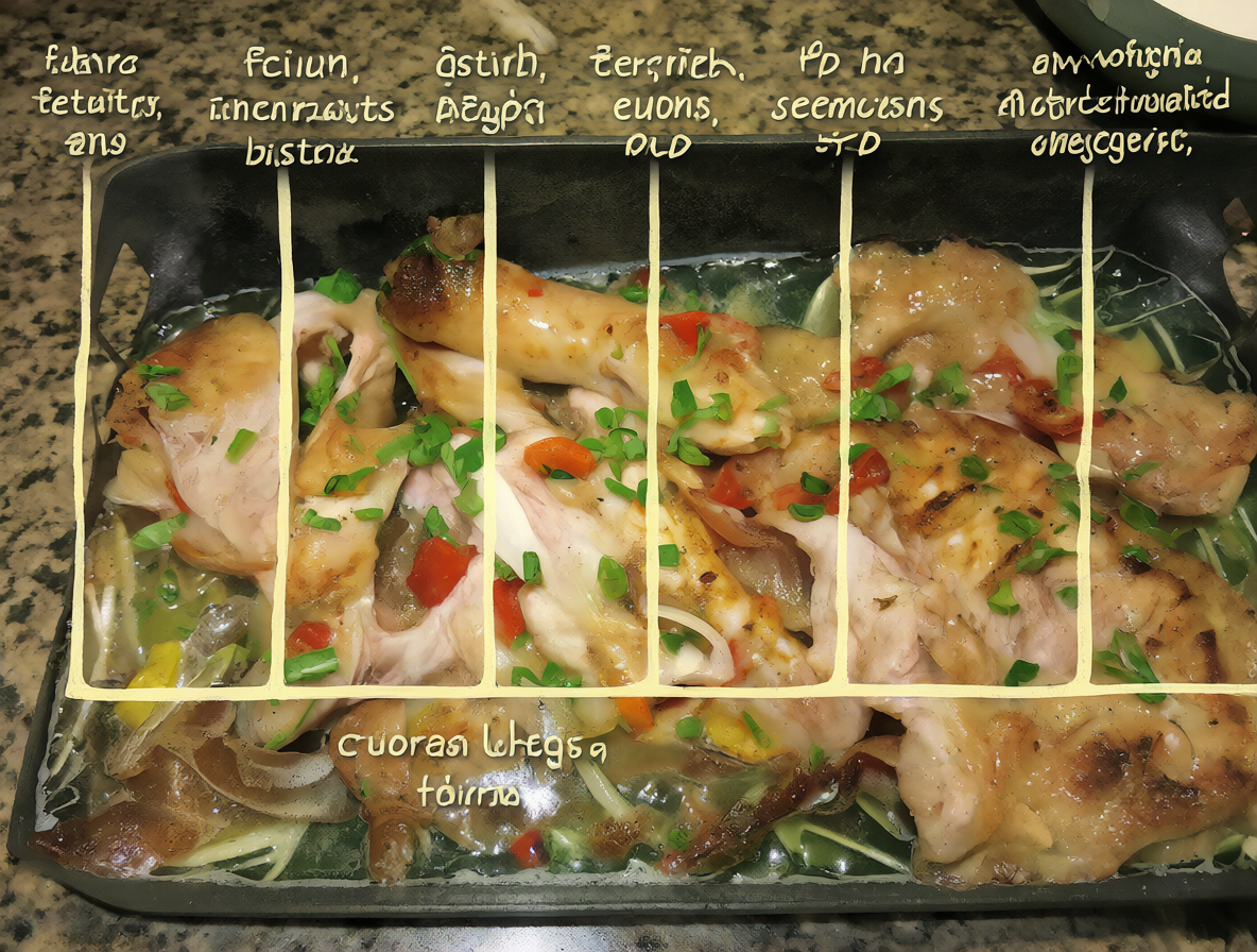 Diagrama educativo mostrando un trozo de pollo cocido enfriándose en una mesa, con una línea de tiempo clara indicando las 2 horas límite a temperatura ambiente antes de refrigerar...