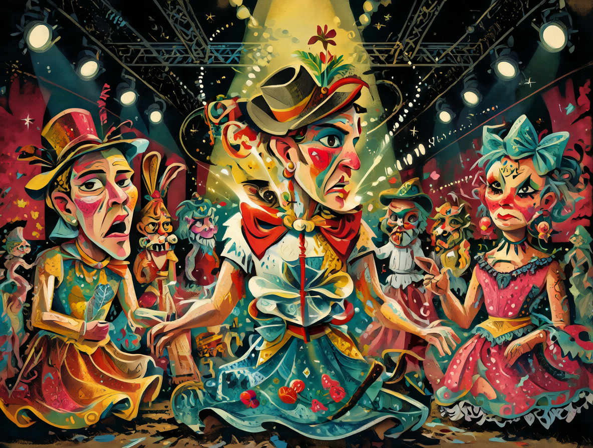 Ilustración de marionetas exageradas representando a los personajes de un programa satírico