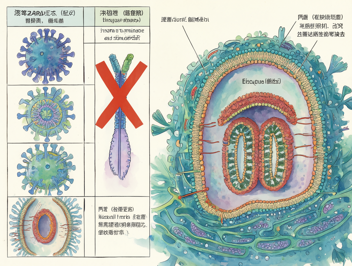 Diagrama científico del virus de la rabia junto a una tabla comparativa que destaca su estabilidad frente a otros virus ARN.