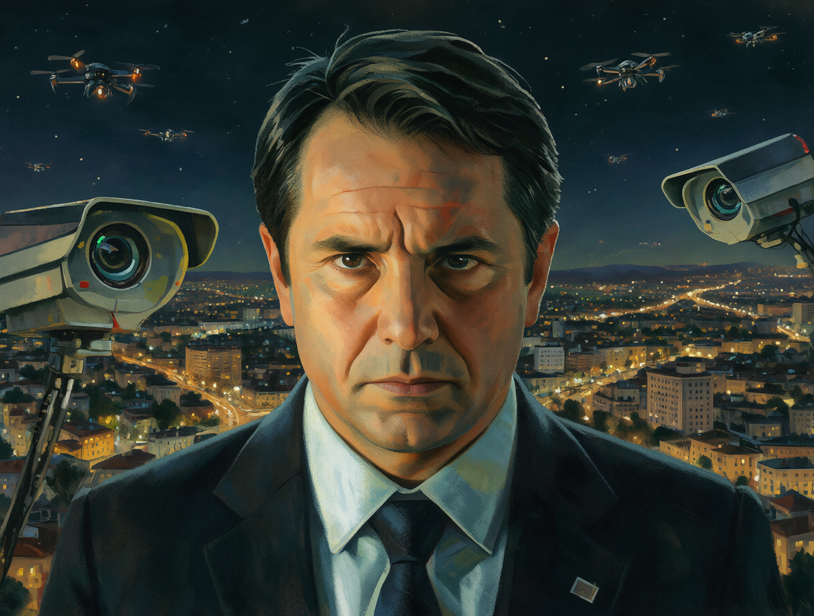 José Antonio Kast surrounded by high-tech surveillance technology.