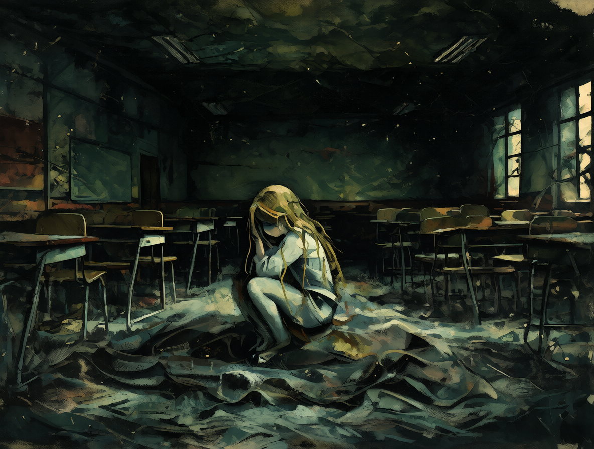 Ilustración artística y melancólica que muestra una figura solitaria sentada en el suelo de un aula vacía, rodeada por la oscuridad y las sombras.