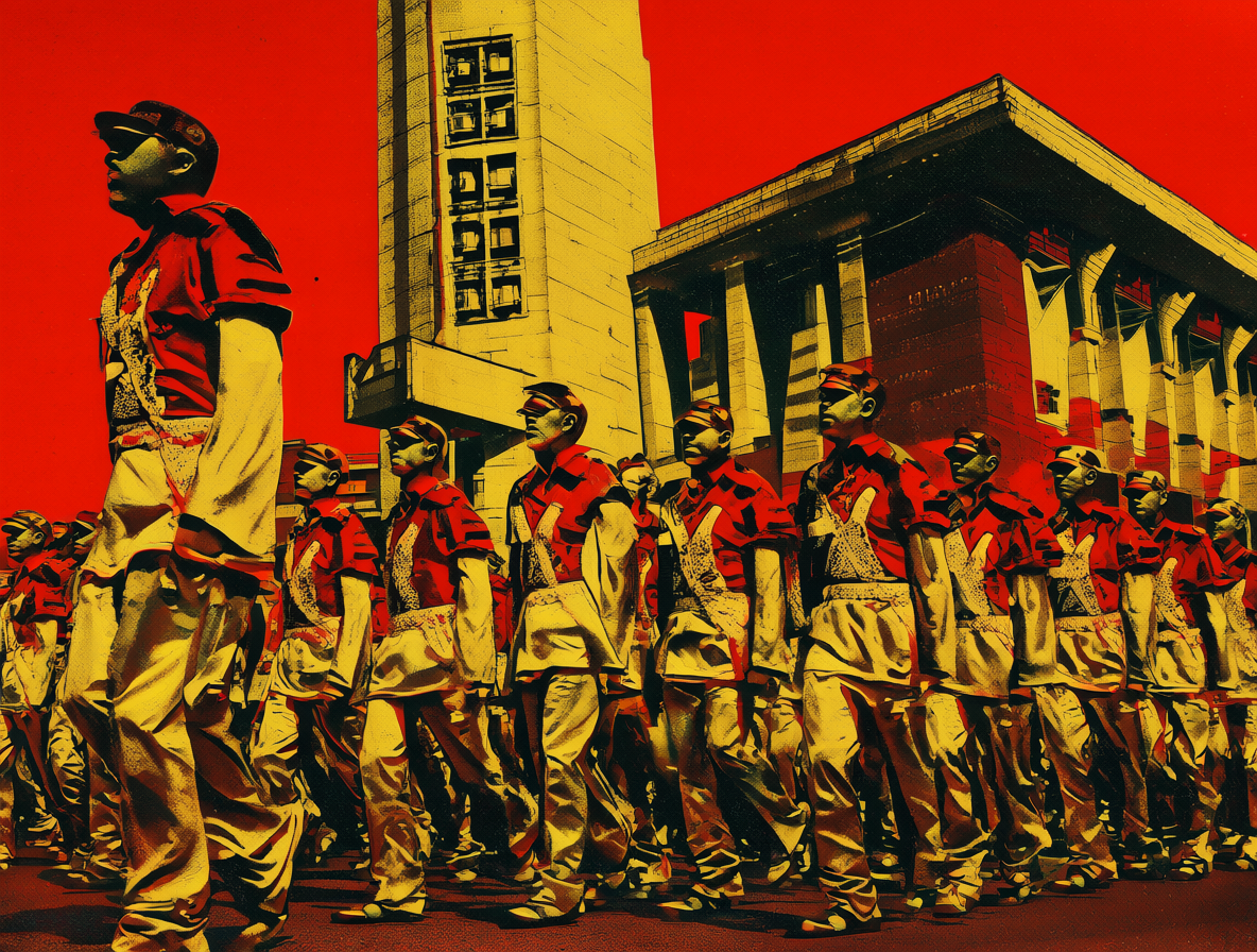 Fotomontaje pop-art de un coro masculino marchando con arquitectura constructivista y colores rojos en la portada del video Go West.