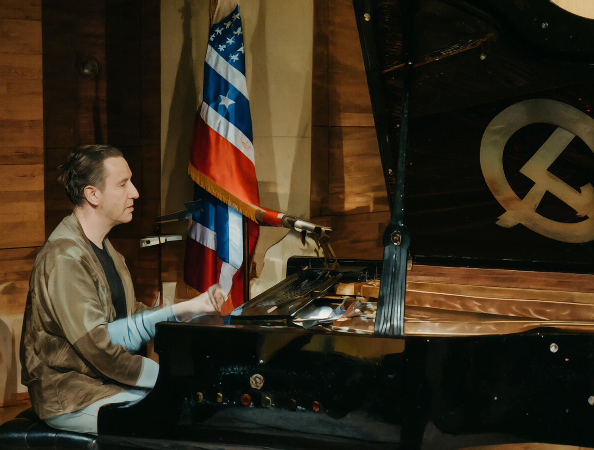 Compositor frente a un piano con una bandera de la URSS cayéndose al fondo.