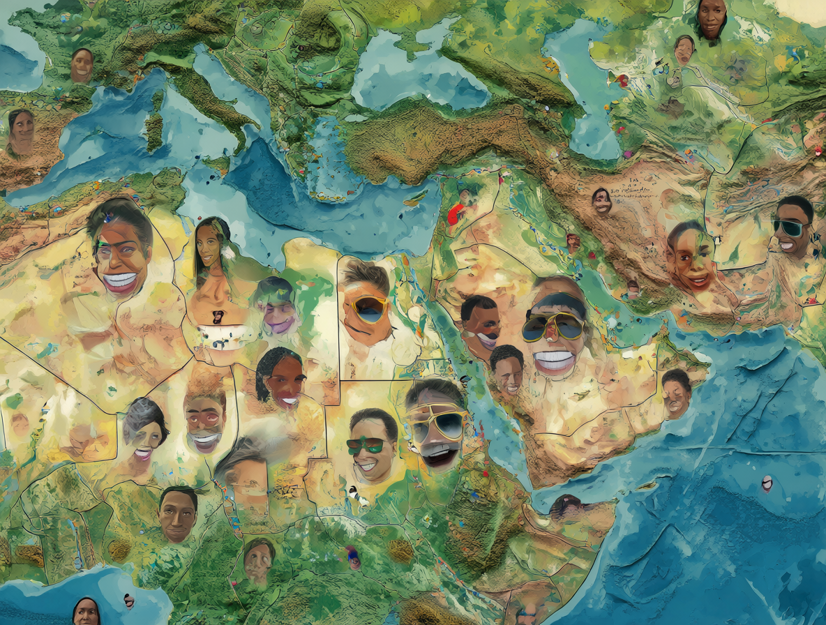 Mapa del mundo resaltando países de mayoría musulmana con una composición visual diversa.