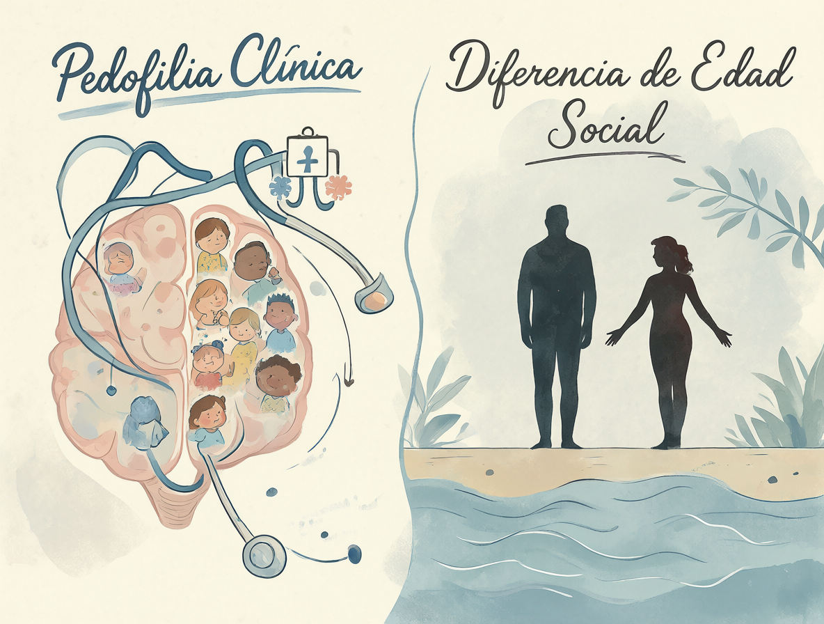 Gráfico educativo que distingue visualmente la pedofilia clínica de las relaciones con gran diferencia de edad.