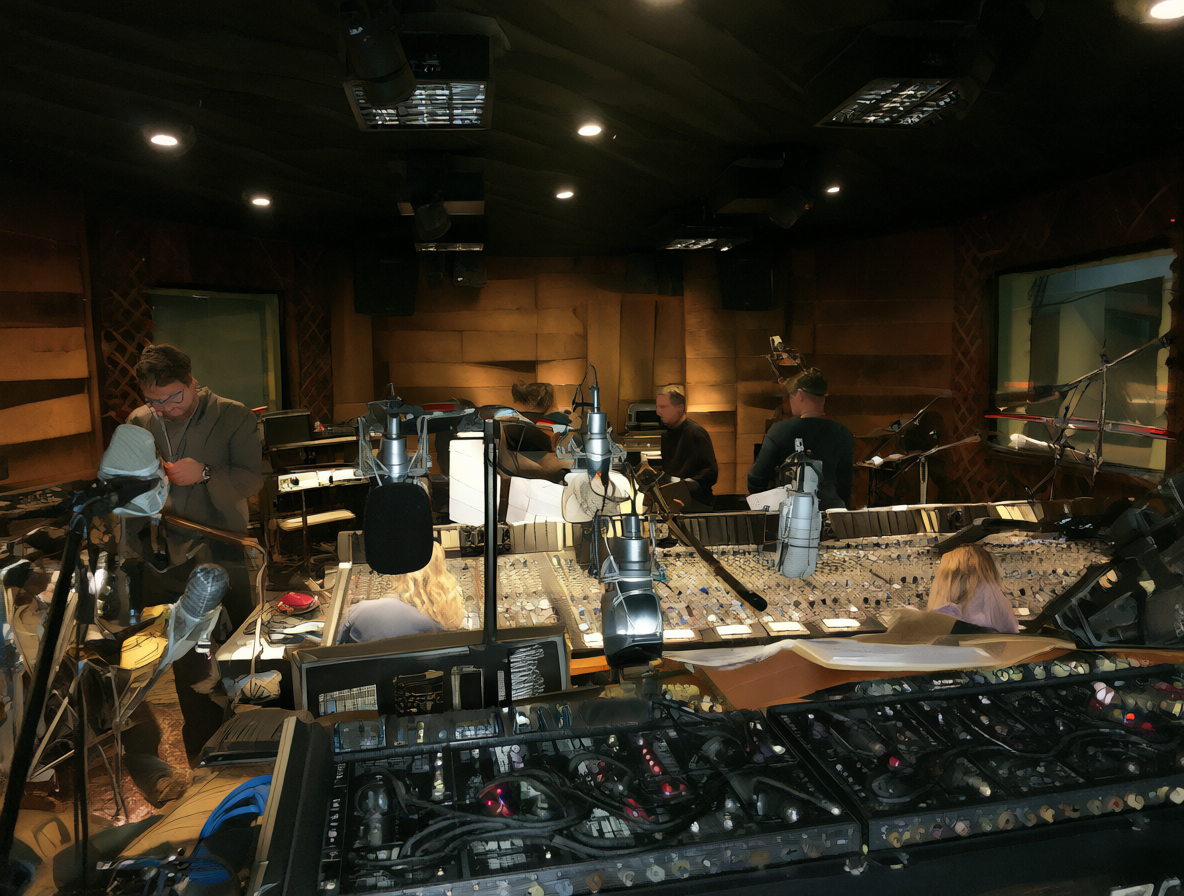 Estudio de grabación vintage con micrófonos y consolas para ilustrar el proceso de mezcla estéreo en The Beatles