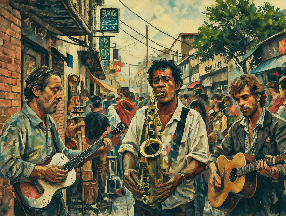 Músicos de izquierda en una escena urbana