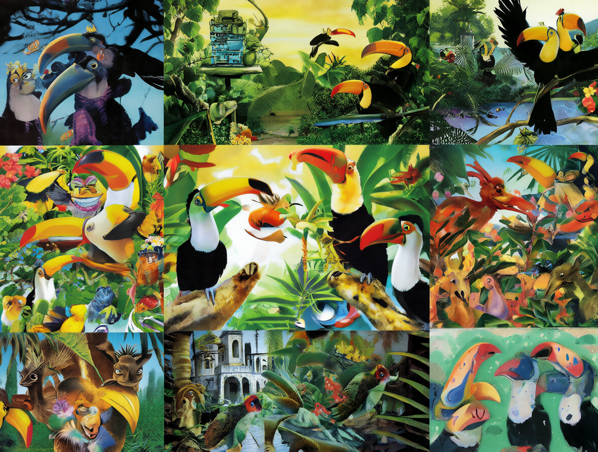 Collage de pósters de cine mostrando a tucanes coloridos en el fondo.