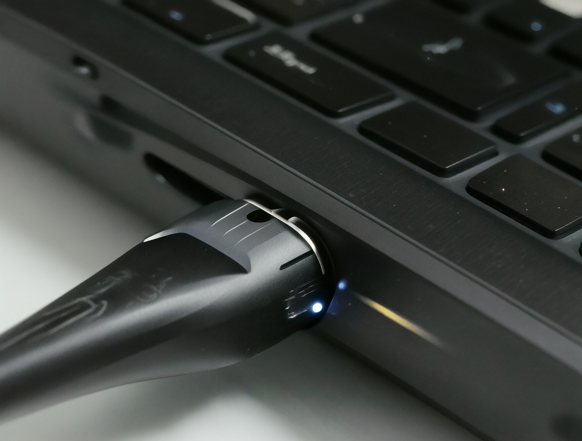 Primer plano de un dispositivo DAC USB negro conectado a una laptop moderna.